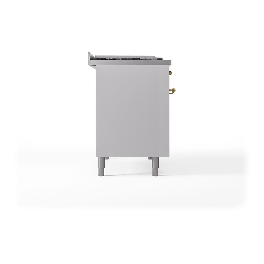 Ilve UN48FSQNMPWHGLP Ilve Un48Fsqnmpwhglp Nostalgie Ii Noblesse 48" Dual Fuel Range (5 Sealed Burners + Griddle + French Top, Liquid Propane, Solid Door, White, Brass)