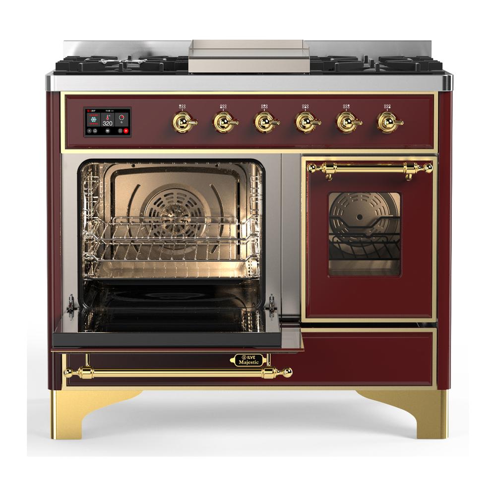 Ilve UMD40FNR3BUGLP Ilve Umd40Fnr3Buglp Majestic Iii 40 Inch Dual Fuel Range With 6 Burners And Griddle, Dual Function Burner Up To 25,000 Btu (Liquid Propane, Triple Glass Door, Burgundy, Brass)