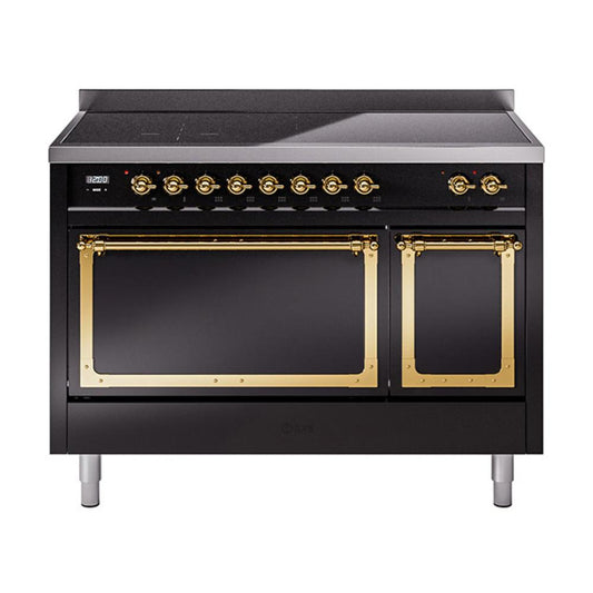 Ilve UNI486QNMPBKG Ilve Uni486Qnmpbkg Nostalgie Ii Noblesse 48" Induction Range (Solid Door, Glossy Black, Brass)