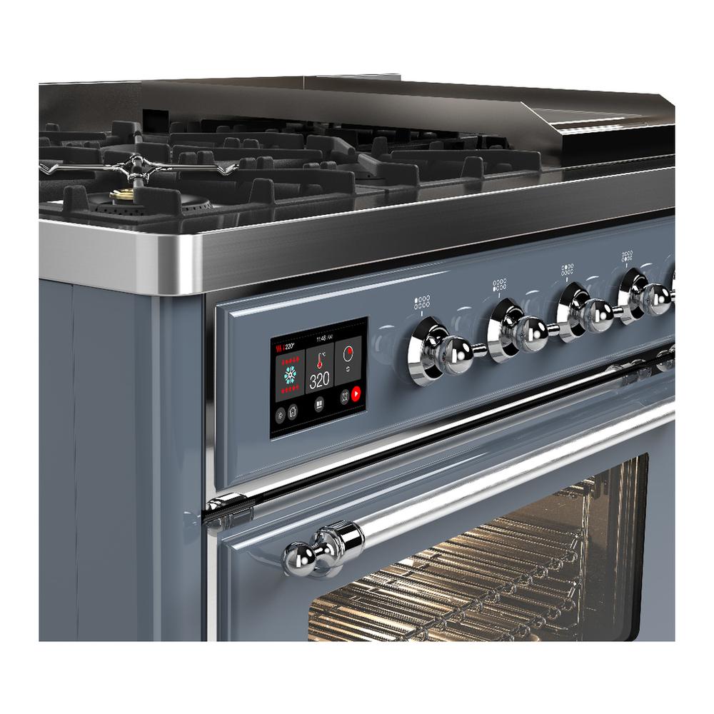 Ilve UM48FNR3BGCLP Ilve Um48Fnr3Bgclp Majestic Iii 48 Inch Dual Fuel Range With 8 Burners And Griddle, Dual Function Burner Up To 25,000 Btu (Liquid Propane, Triple Glass Door, Blue Grey, Chrome)