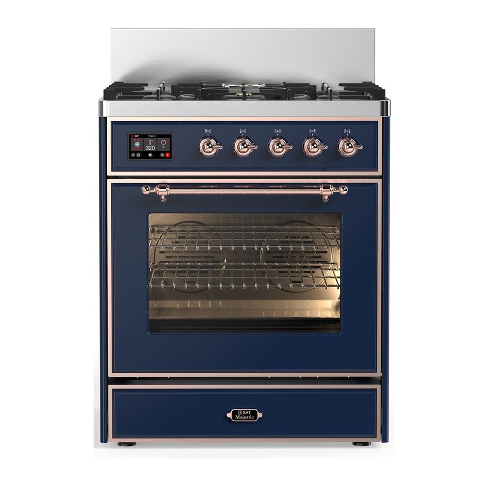Ilve UM30NR3MBPLP Ilve Um30Nr3Mbplp Majestic Iii 30 Inch Dual Fuel Range With 5 Black Brass Burners, Dual Function Burner Up To 25,000 Btu (Liquid Propane, Triple Glass Door, Midnight Blue, Copper)