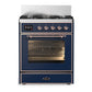 Ilve UM30NR3MBPLP Ilve Um30Nr3Mbplp Majestic Iii 30 Inch Dual Fuel Range With 5 Black Brass Burners, Dual Function Burner Up To 25,000 Btu (Liquid Propane, Triple Glass Door, Midnight Blue, Copper)