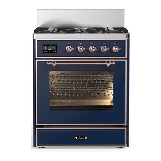 Ilve UM30NR3MBPLP Ilve Um30Nr3Mbplp Majestic Iii 30 Inch Dual Fuel Range With 5 Black Brass Burners, Dual Function Burner Up To 25,000 Btu (Liquid Propane, Triple Glass Door, Midnight Blue, Copper)