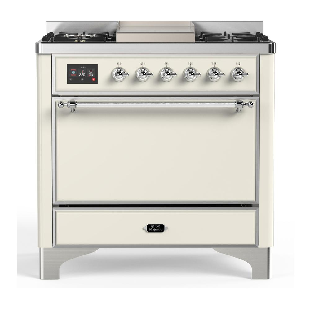 Ilve UM36FQNR3AWCLP Ilve Um36Fqnr3Awclp Majestic Iii 36 Inch Dual Fuel Range With 6 Black Brass Burners And Griddle, Dual Function Burner Up To 25,000 Btu (Solid Door, Antique White, Chrome, Liquid Propane)