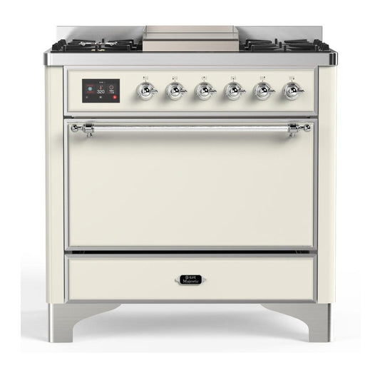 Ilve UM36FQNR3AWCLP Ilve Um36Fqnr3Awclp Majestic Iii 36 Inch Dual Fuel Range With 6 Black Brass Burners And Griddle, Dual Function Burner Up To 25,000 Btu (Solid Door, Antique White, Chrome, Liquid Propane)