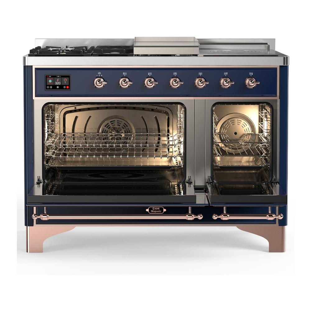 Ilve UM48FSQNR3MBPLP Ilve Um48Fsqnr3Mbplp Majestic Iii 48 Inch Dual Fuel Range With 5 Black Brass Burners, Griddle And French Top, Dual Function Burner Up To 25,000 Btu (Liquid Propane, Solid Door, Midnight Blue, Copper)