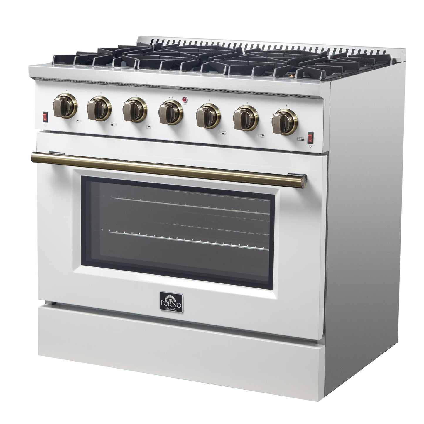 Forno FFSGS624436WHT Forno Galiano 36-Inch Freestanding Gas Range In White With Antique Brass Design, 6 Burners, 83,000 Btu, 5.36 Cu.Ft. Convection Oven