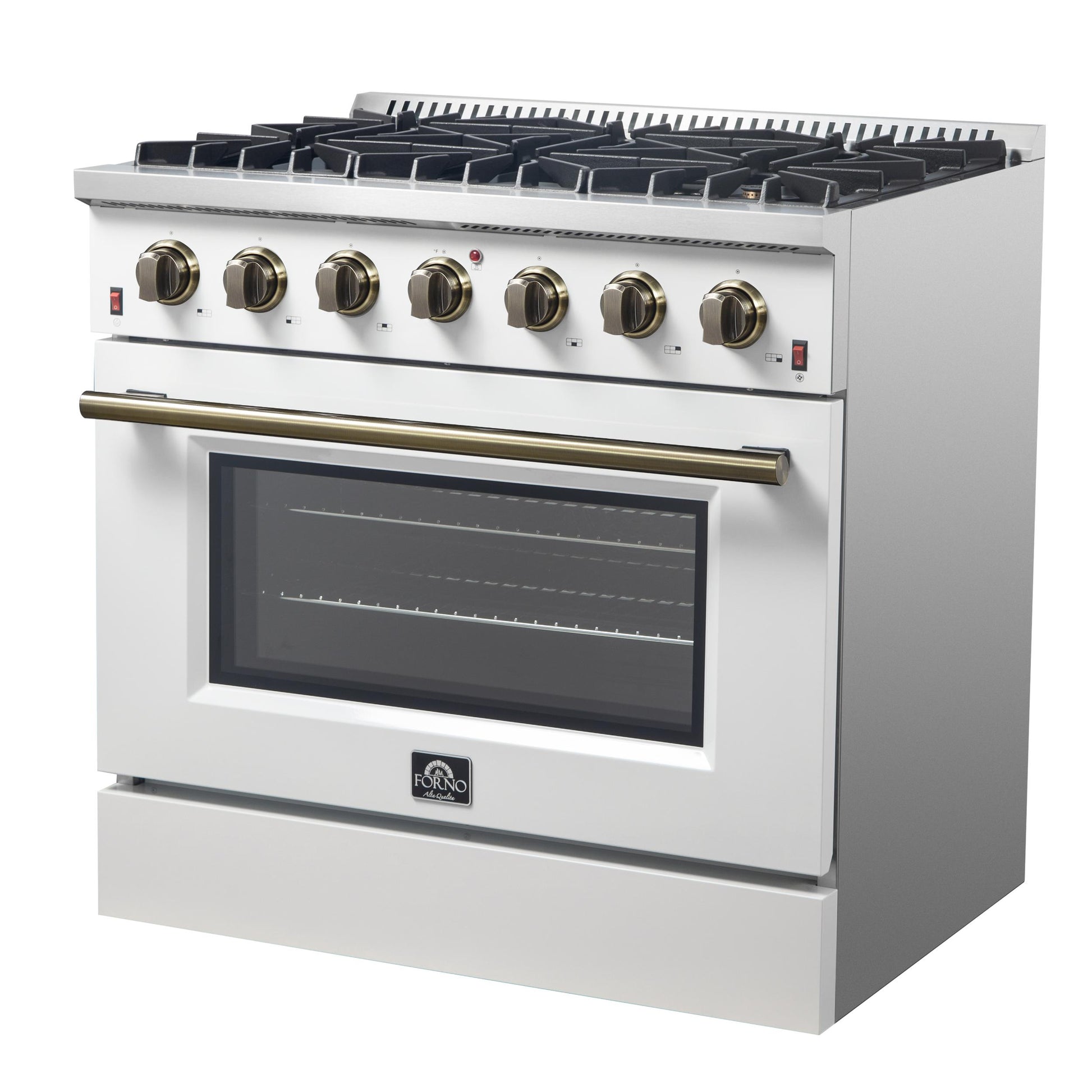 Forno FFSGS624436WHT Forno Galiano 36-Inch Freestanding Gas Range In White With Antique Brass Design, 6 Burners, 83,000 Btu, 5.36 Cu.Ft. Convection Oven