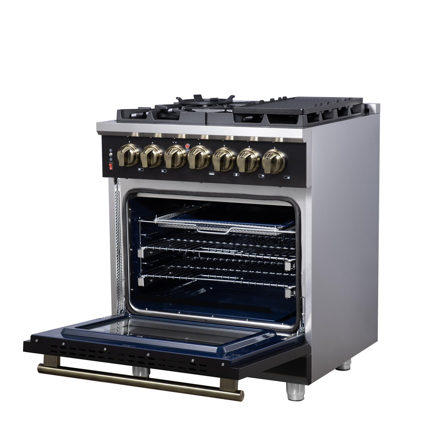 Forno FFSGS612530BLK Forno Massimo 30-Inch Freestanding Dual Fuel Range In Black With Antique Brass Accessories, 4 Burners, 4.32 Cu. Ft. Convection Oven