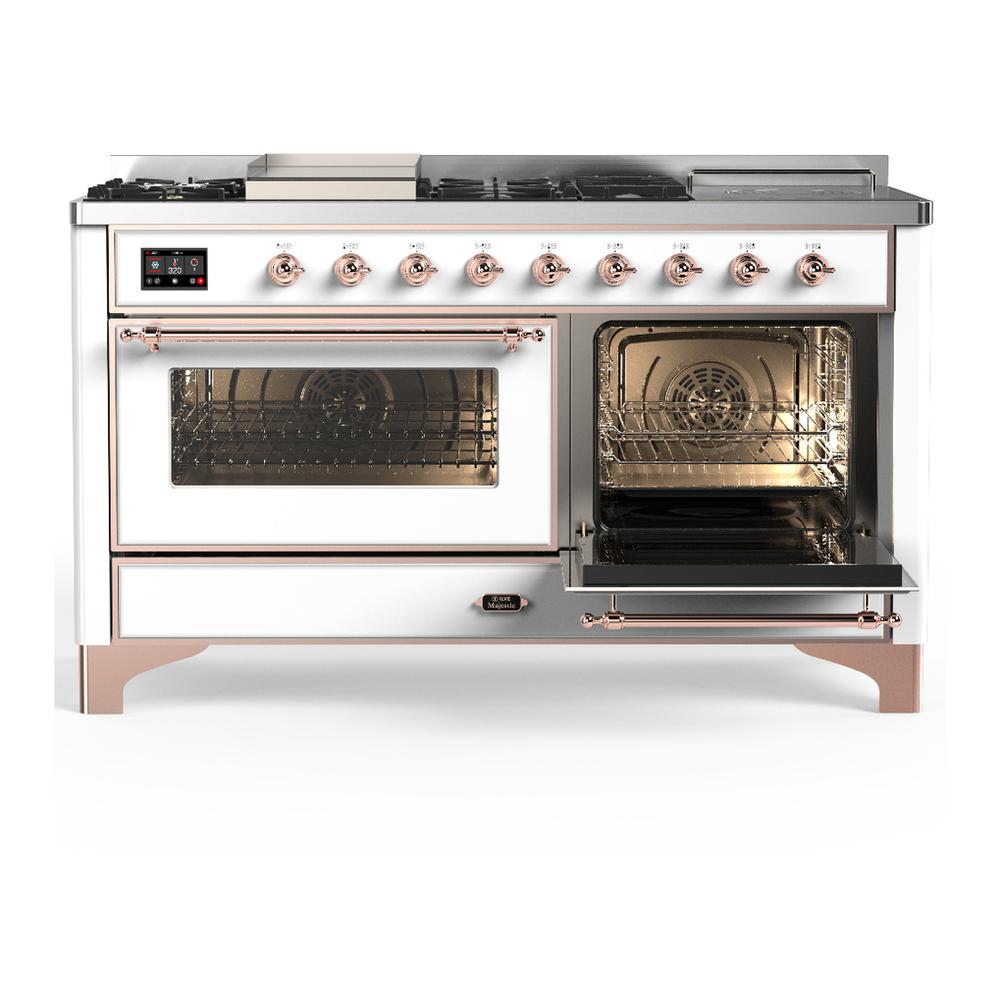 Ilve UM60FSNR3WHPLP Ilve Um60Fsnr3Whplp Majestic Iii 60 Inch Dual Fuel Range With 7 Burners, Griddle And French Top, Dual Function Burner With Up To 25,000 Btu (Liquid Propane, Triple Glass Door, White, Copper)