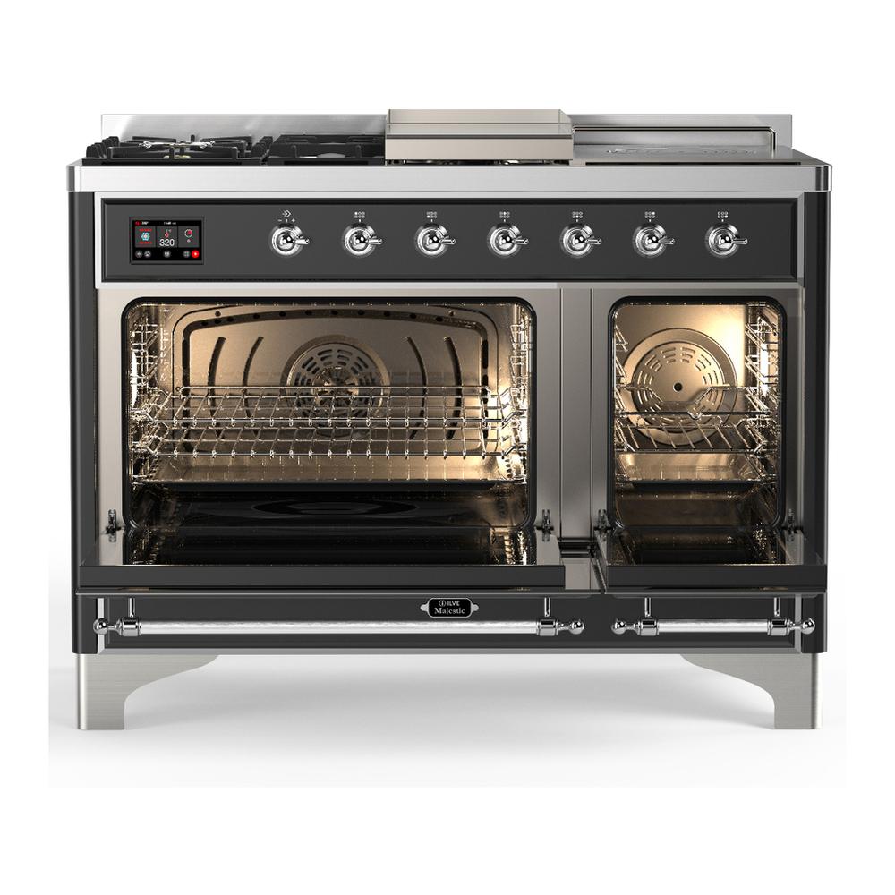 Ilve UM48FSQNR3MGC Ilve Um48Fsqnr3Mgc Majestic Iii 48 Inch Dual Fuel Range With 5 Black Brass Burners, Griddle And French Top, Dual Function Burner Up To 25,000 Btu (Natural Gas, Solid Door, Graphite Matte, Chrome)