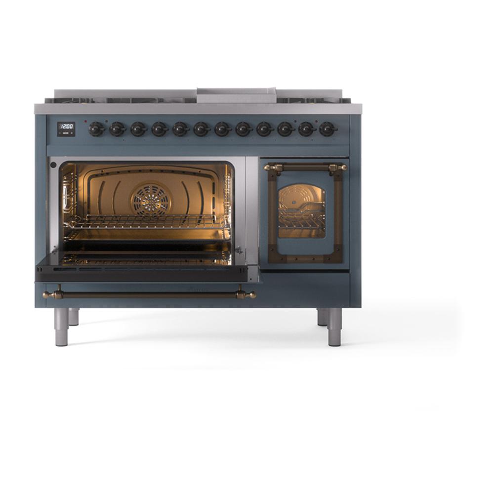 Ilve UN48FNMPBGB Ilve Un48Fnmpbgb Nostalgie Ii Noblesse 48" Dual Fuel Range (8 Sealed Burners + Griddle, Natural Gas, Triple Glass Door, Blue Grey, Burnished)