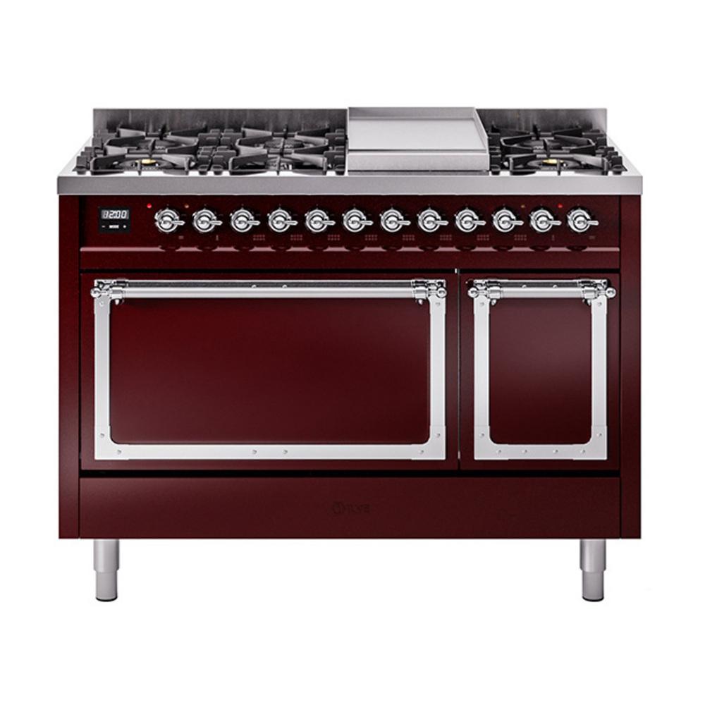 Ilve UN48FQNMPBUC Ilve Un48Fqnmpbuc Nostalgie Ii Noblesse 48" Dual Fuel Range (8 Sealed Burners + Griddle, Natural Gas, Solid Door, Burgundy, Chrome)