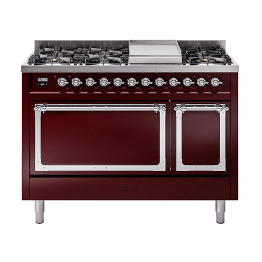 Ilve UN48FQNMPBUC Ilve Un48Fqnmpbuc Nostalgie Ii Noblesse 48" Dual Fuel Range (8 Sealed Burners + Griddle, Natural Gas, Solid Door, Burgundy, Chrome)