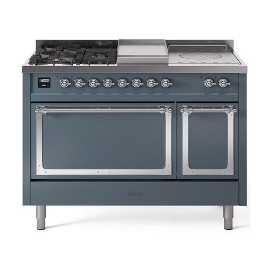 Ilve UN48FSQNMPBGC Ilve Un48Fsqnmpbgc Nostalgie Ii Noblesse 48" Dual Fuel Range (5 Sealed Burners + Griddle + French Top, Natural Gas, Solid Door, Blue Grey, Chrome)
