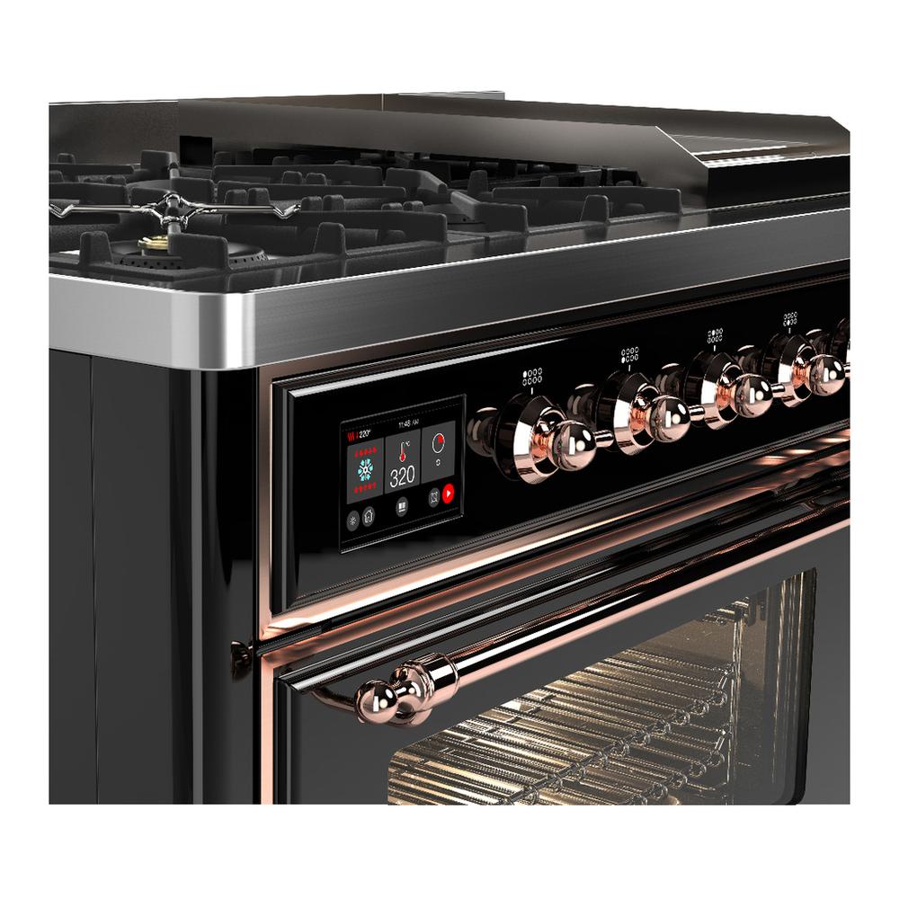 Ilve UM48FNR3BKP Ilve Um48Fnr3Bkp Majestic Iii 48 Inch Dual Fuel Range With 8 Burners And Griddle, Dual Function Burner Up To 25,000 Btu (Natural Gas, Triple Glass Door, Glossy Black, Copper)