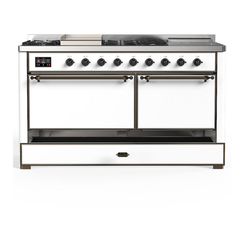 Ilve UM60FSQNR3WHBLP Ilve Um60Fsqnr3Whblp Majestic Iii 60 Inch Dual Fuel Range With 7 Burners, Griddle And French Top, Dual Function Burner With Up To 25,000 Btu (Liquid Propane, Solid Door, White, Burnished)