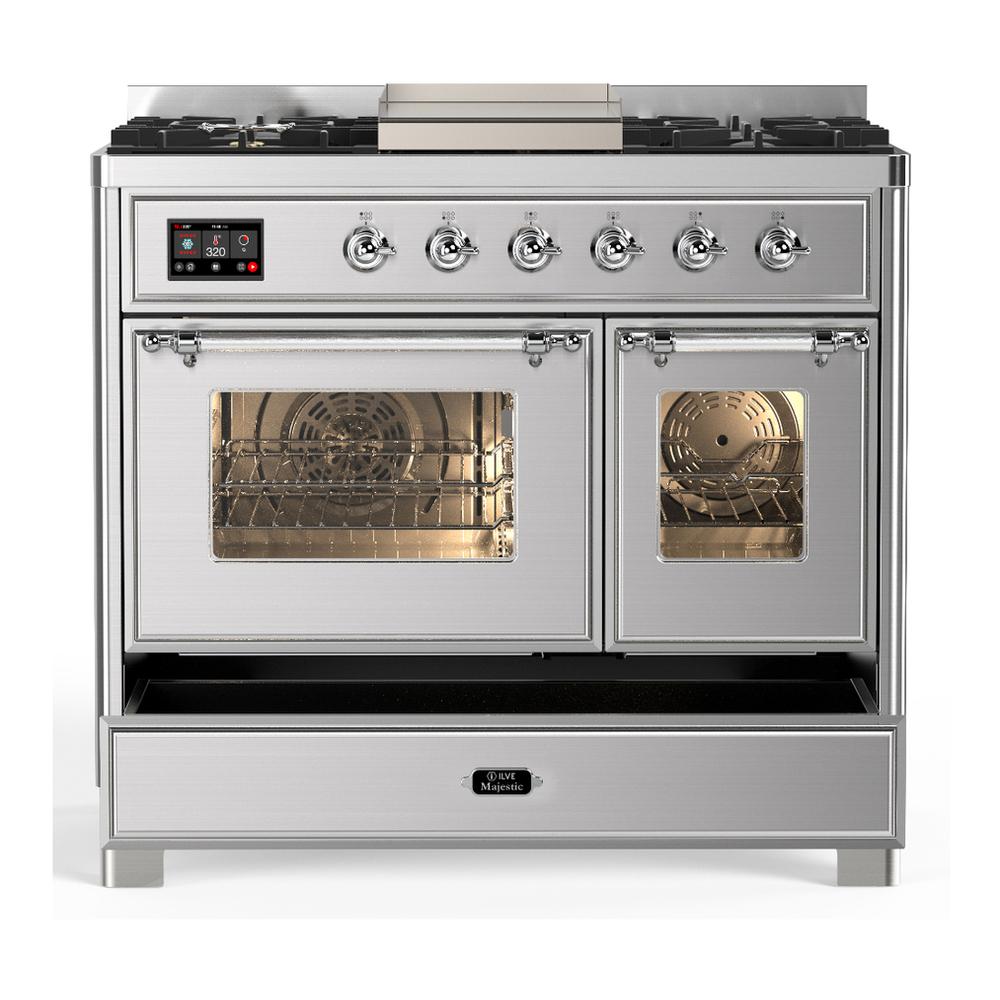 Ilve UMD40FNR3SSC Ilve Umd40Fnr3Ssc Majestic Iii 40 Inch Dual Fuel Range With 6 Burners And Griddle, Dual Function Burner Up To 25,000 Btu (Natural Gas, Triple Glass Door, Stainless Steel, Chrome)