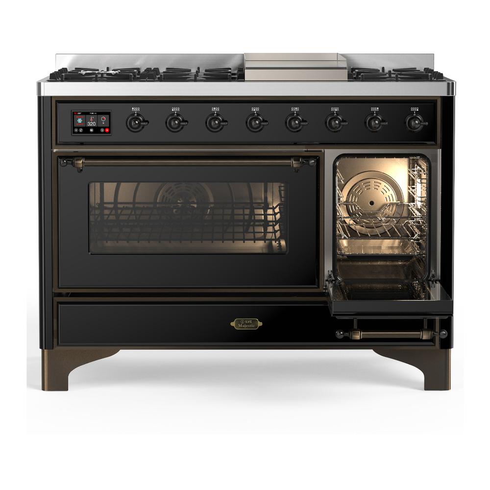 Ilve UM48FNR3BKBLP Ilve Um48Fnr3Bkblp Majestic Iii 48 Inch Dual Fuel Range With 8 Burners And Griddle, Dual Function Burner Up To 25,000 Btu (Liquid Propane, Triple Glass Door, Glossy Black, Burnished)