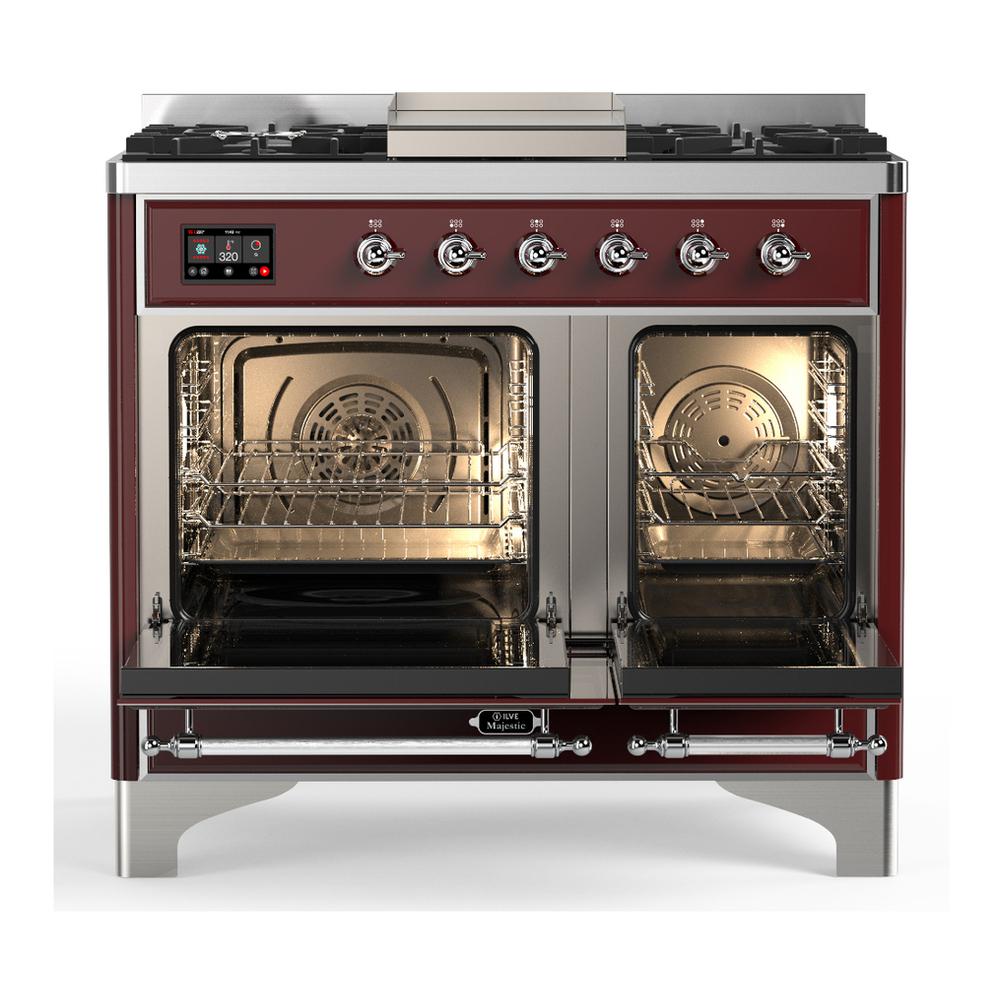 Ilve UMD40FNR3BUCLP Ilve Umd40Fnr3Buclp Majestic Iii 40 Inch Dual Fuel Range With 6 Burners And Griddle, Dual Function Burner Up To 25,000 Btu (Liquid Propane, Triple Glass Door, Burgundy, Chrome)