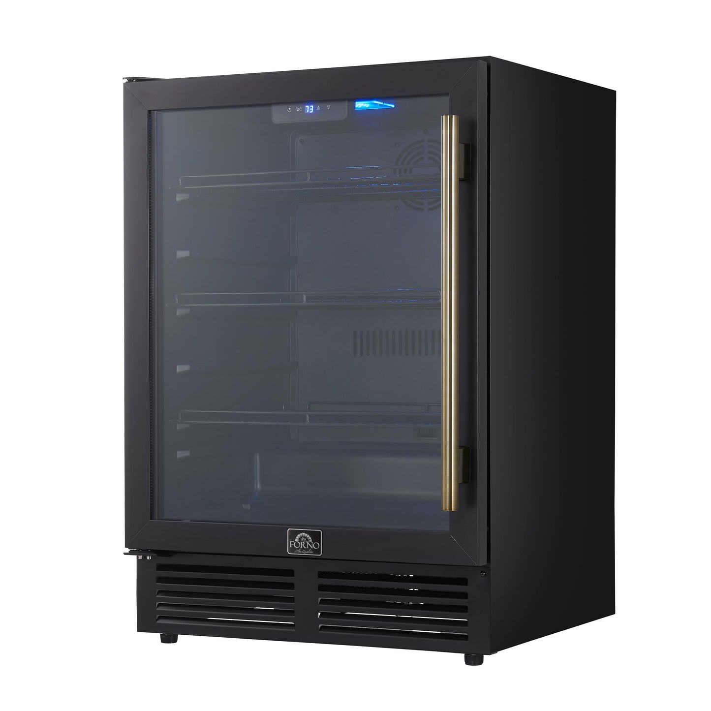 Forno FWCDR666524BLK Forno Frescolino 24 Inch Beverage Cooler, Black With Antique Brass Handles, With Led Lighting, Triple Glass Door, 188 Can Capacity, Built-In Or Freestanding