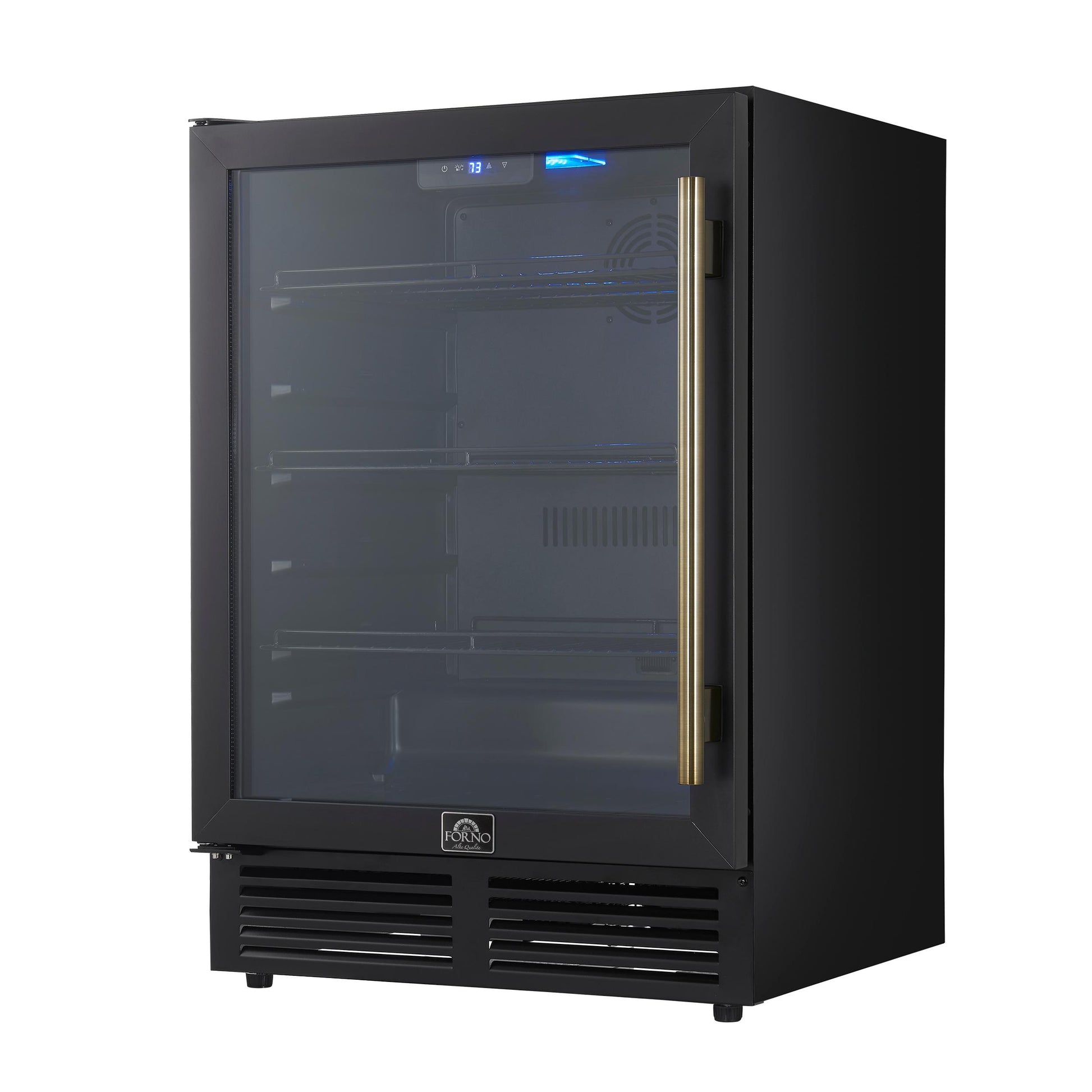 Forno FWCDR666524BLK Forno Frescolino 24 Inch Beverage Cooler, Black With Antique Brass Handles, With Led Lighting, Triple Glass Door, 188 Can Capacity, Built-In Or Freestanding