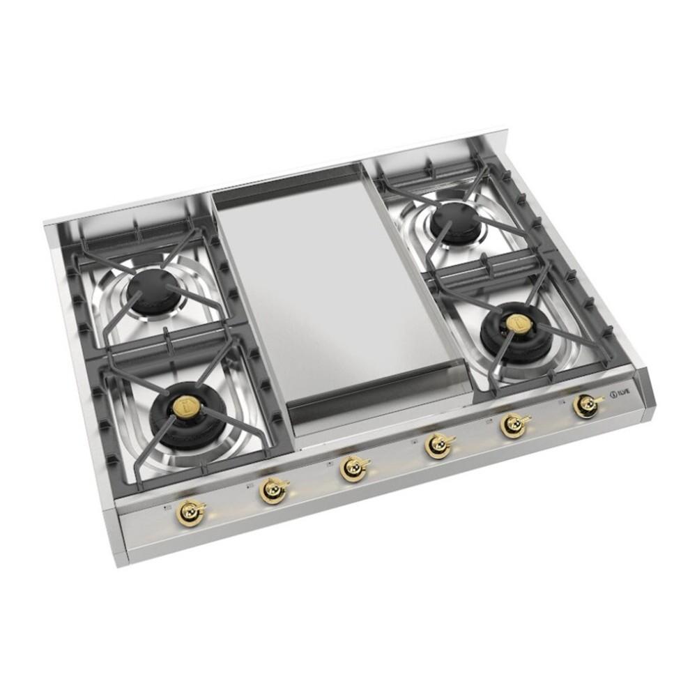 Ilve UHCP965FNSSGLP Ilve Uhcp965Fnssglp Nostalgie Ii 36 Inch Gas Cooktop With Griddle, In Stainless Steel (Liquid Propane, Brass)