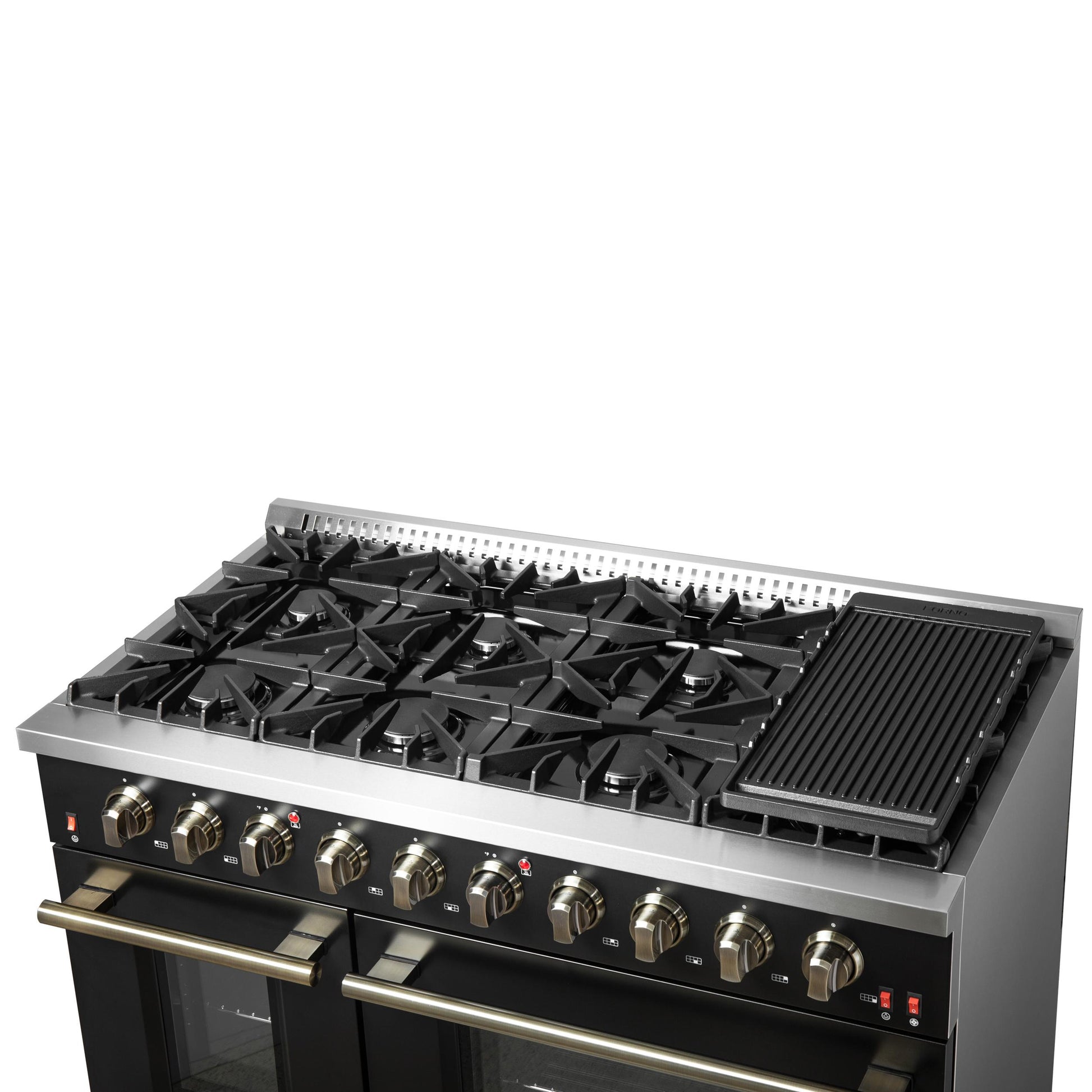 Forno FFSGS624448BLK Forno Galiano 48-Inch Gas Range Black & Antique Brass Design, 8 Burners, 107,000 Btu, Griddle, 6.58 Cu.Ft. Double Ovens