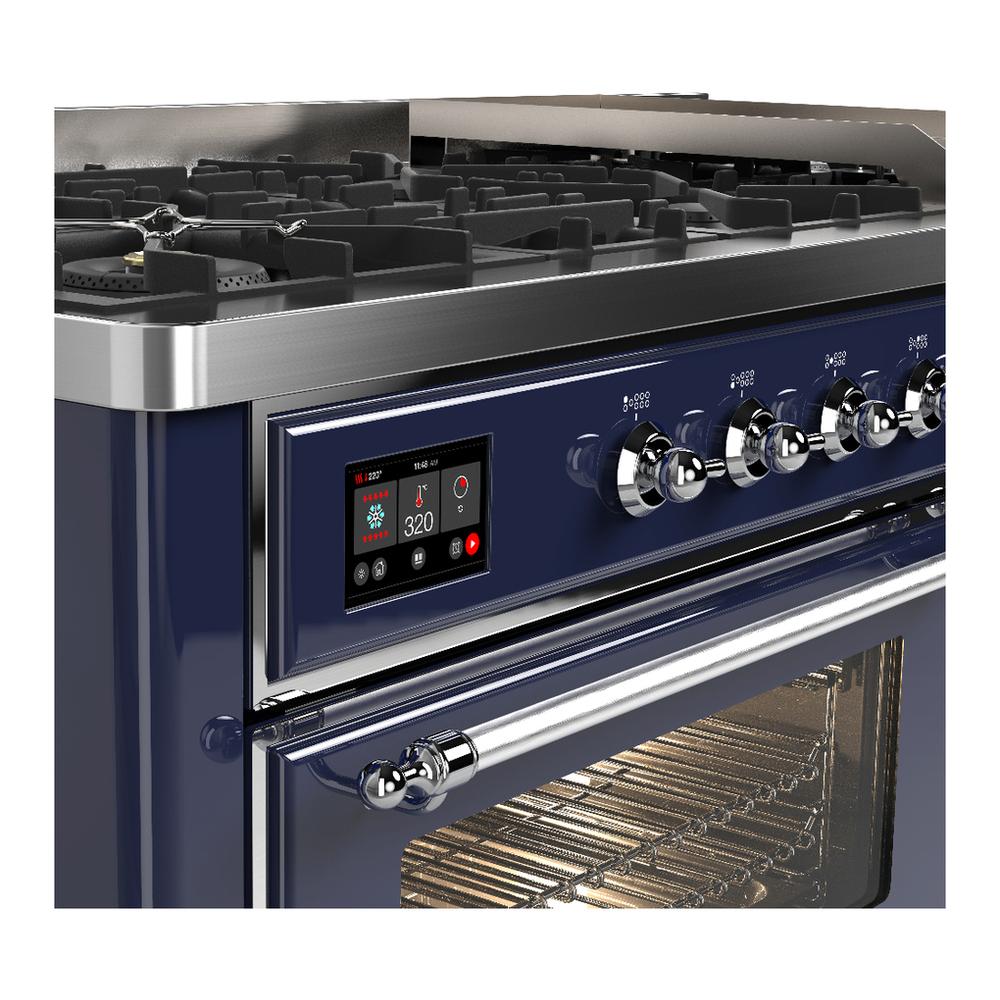 Ilve UM60FNR3MBC Ilve Um60Fnr3Mbc Majestic Iii 60 Inch Dual Fuel Range With 9 Burners And Griddle, Dual Function Burner Up To 25,000 Btu (Natural Gas, Triple Glass Door, Midnight Blue, Chrome)