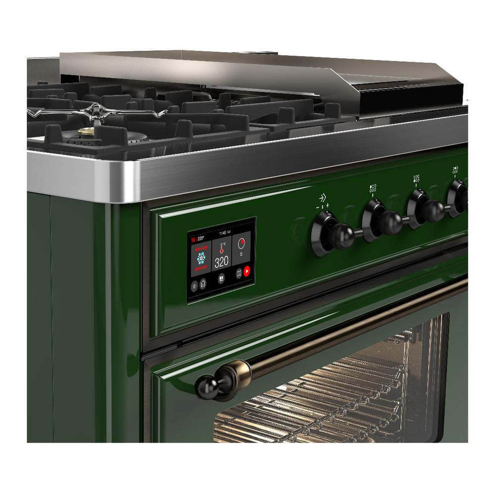 Ilve UM48FSNR3EGBLP Ilve Um48Fsnr3Egblp Majestic Iii 48 Inch Dual Fuel Range With 5 Black Brass Burners, Griddle And French Top, Dual Function Burner Up To 25,000 Btu (Liquid Propane, Triple Glass Door, Emerald Green, Burnished)