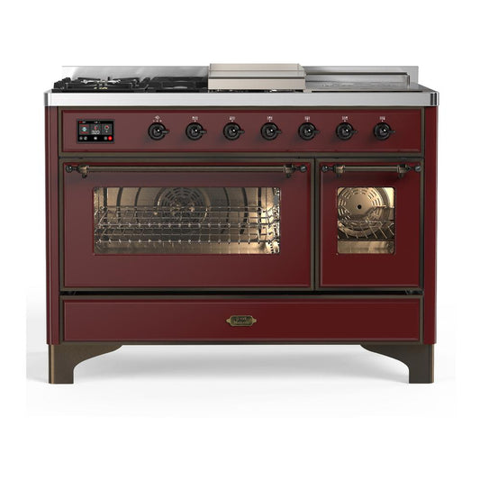 Ilve UM48FSNR3BUBLP Ilve Um48Fsnr3Bublp Majestic Iii 48 Inch Dual Fuel Range With 5 Black Brass Burners, Griddle And French Top, Dual Function Burner Up To 25,000 Btu (Liquid Propane, Triple Glass Door, Burgundy, Burnished)
