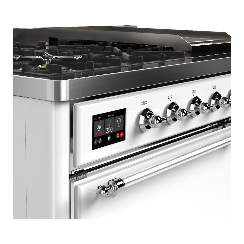 Ilve UM48FQNR3WHCLP Ilve Um48Fqnr3Whclp Majestic Iii 48 Inch Dual Fuel Range With 8 Burners And Griddle, Dual Function Burner Up To 25,000 Btu (Liquid Propane, Solid Door, White, Chrome)
