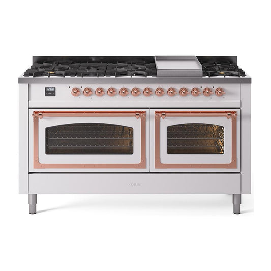 Ilve UN60FNMPWHPLP Ilve Un60Fnmpwhplp Nostalgie Ii Noblesse 60" Dual Fuel Range (9 Sealed Burners + Griddle, Liquid Propane, Triple Glass Door, White, Copper)
