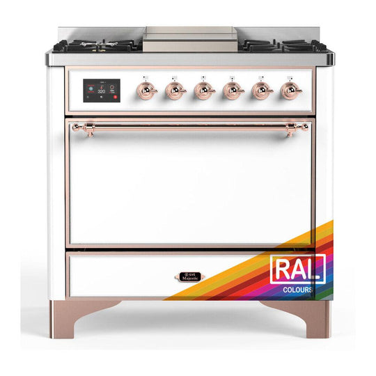 Ilve UM36FQNR3RAP Ilve Um36Fqnr3Rap Majestic Iii 36 Inch Dual Fuel Range With 6 Black Brass Burners And Griddle, Dual Function Burner Up To 25,000 Btu (Solid Door, Ral, Copper, Natural Gas)