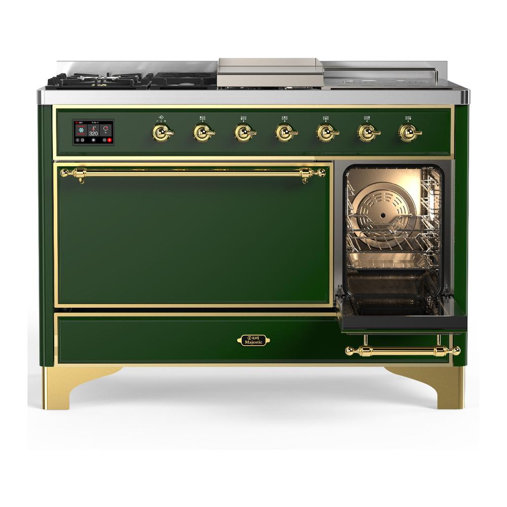 Ilve UM48FSQNR3EGGLP Ilve Um48Fsqnr3Egglp Majestic Iii 48 Inch Dual Fuel Range With 5 Black Brass Burners, Griddle And French Top, Dual Function Burner Up To 25,000 Btu (Liquid Propane, Solid Door, Emerald Green, Brass)