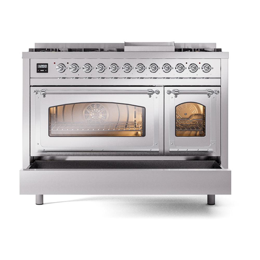 Ilve UN48FNMPSSC Ilve Un48Fnmpssc Nostalgie Ii Noblesse 48" Dual Fuel Range (8 Sealed Burners + Griddle, Natural Gas, Triple Glass Door, Stainless Steel, Chrome)