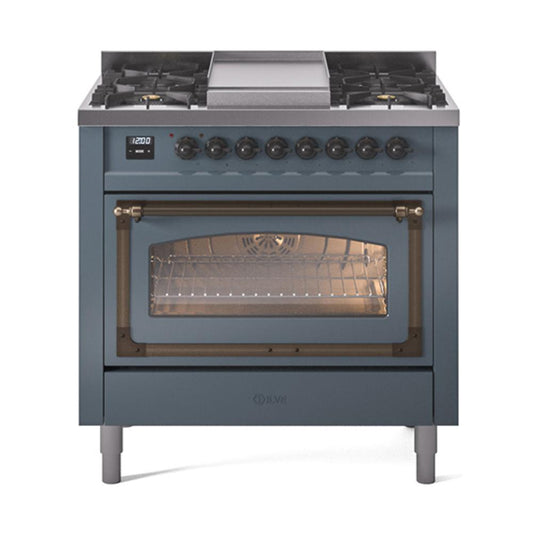 Ilve UN36FNMPBGB Ilve Un36Fnmpbgb Nostalgie Ii Noblesse 36" Dual Fuel Range (Natural Gas, Triple Glass Door, Blue Grey, Burnished)