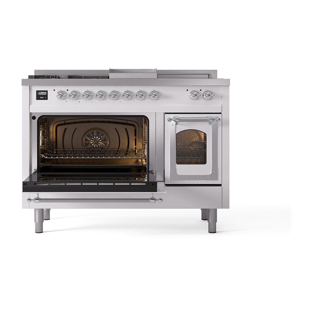 Ilve UN48FSNMPRACLP Ilve Un48Fsnmpraclp Nostalgie Ii Noblesse 48" Dual Fuel Range (5 Sealed Burners + Griddle + French Top, Liquid Propane, Triple Glass Door, Ral, Chrome)