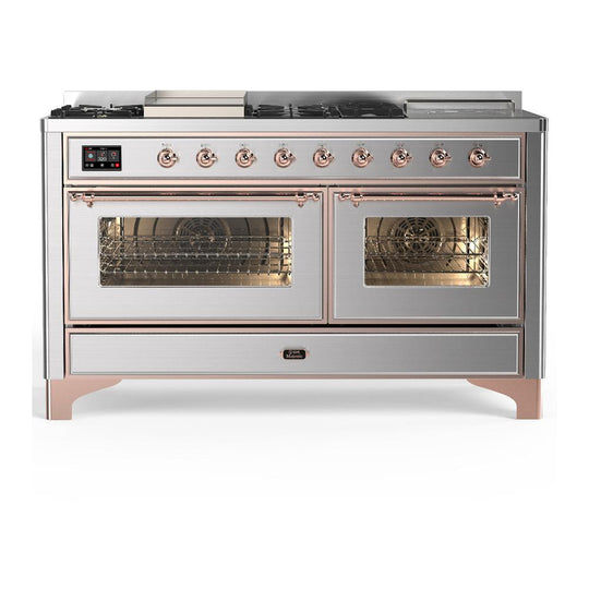 Ilve UM60FSNR3SSPLP Ilve Um60Fsnr3Ssplp Majestic Iii 60 Inch Dual Fuel Range With 7 Burners, Griddle And French Top, Dual Function Burner With Up To 25,000 Btu (Liquid Propane, Triple Glass Door, Stainless Steel, Copper)