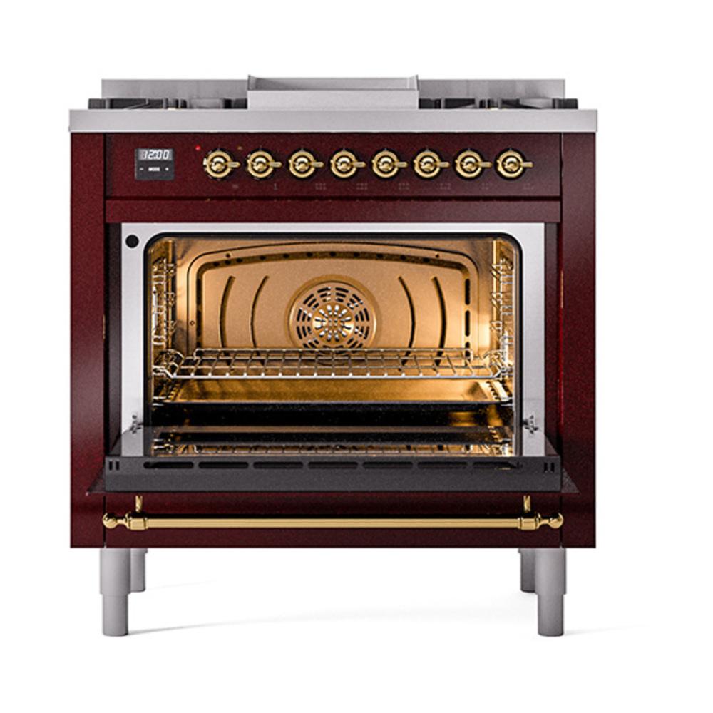Ilve UN36FNMPBUG Ilve Un36Fnmpbug Nostalgie Ii Noblesse 36" Dual Fuel Range (Natural Gas, Triple Glass Door, Burgundy, Brass)