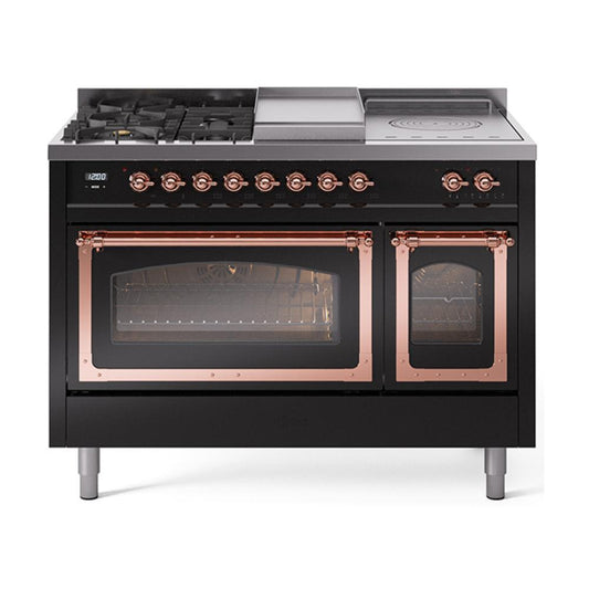 Ilve UN48FSNMPBKP Ilve Un48Fsnmpbkp Nostalgie Ii Noblesse 48" Dual Fuel Range (5 Sealed Burners + Griddle + French Top, Natural Gas, Triple Glass Door, Glossy Black, Copper)