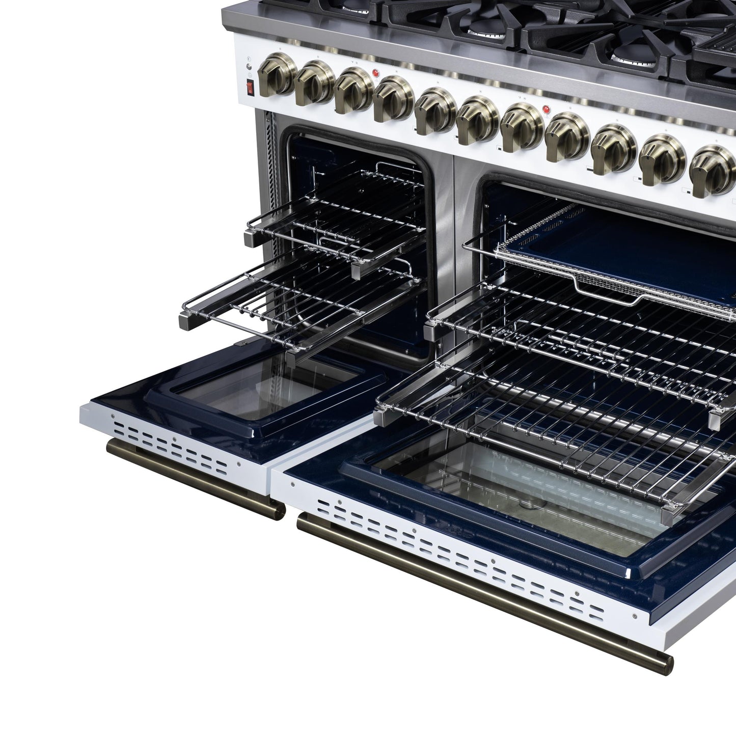 Forno FFSGS612548WHT Forno Massimo 48 Inch Freestanding Dual Fuel Range In White With Antique Brass Accessories, 8 Burners, 6.58 Cu. Ft. Convection Oven