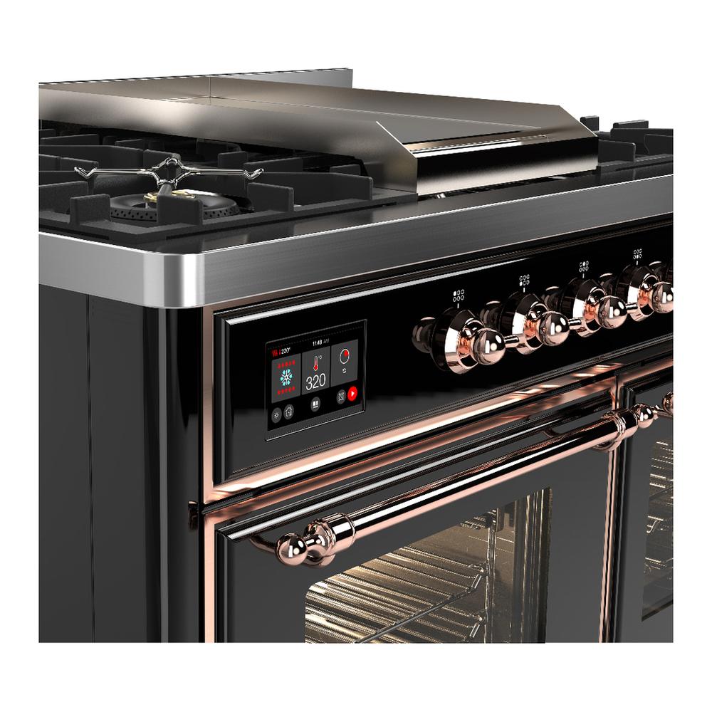 Ilve UMD40FNR3BKPLP Ilve Umd40Fnr3Bkplp Majestic Iii 40 Inch Dual Fuel Range With 6 Burners And Griddle, Dual Function Burner Up To 25,000 Btu (Liquid Propane, Triple Glass Door, Glossy Black, Copper)