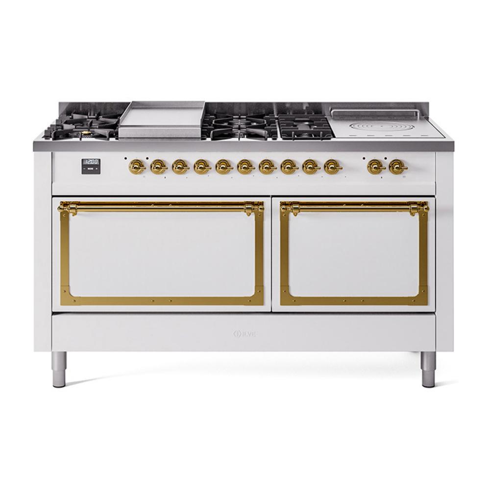 Ilve UN60FSQNMPWHG Ilve Un60Fsqnmpwhg Nostalgie Ii Noblesse 60" Dual Fuel Range (7 Sealed Burners + Griddle + French Top, Natural Gas, Solid Door, White, Brass)