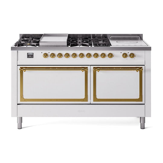 Ilve UN60FSQNMPWHG Ilve Un60Fsqnmpwhg Nostalgie Ii Noblesse 60" Dual Fuel Range (7 Sealed Burners + Griddle + French Top, Natural Gas, Solid Door, White, Brass)