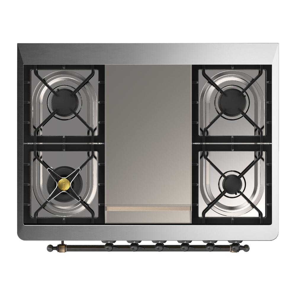 Ilve UM36FQNR3MBBLP Ilve Um36Fqnr3Mbblp Majestic Iii 36 Inch Dual Fuel Range With 6 Black Brass Burners And Griddle, Dual Function Burner Up To 25,000 Btu (Solid Door, Midnight Blue, Burnished, Liquid Propane)