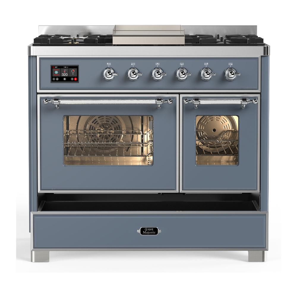 Ilve UMD40FNR3BGCLP Ilve Umd40Fnr3Bgclp Majestic Iii 40 Inch Dual Fuel Range With 6 Burners And Griddle, Dual Function Burner Up To 25,000 Btu (Liquid Propane, Triple Glass Door, Blue Grey, Chrome)