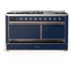 Ilve UM60FQNR3MBPLP Ilve Um60Fqnr3Mbplp Majestic Iii 60 Inch Dual Fuel Range With 9 Burners And Griddle, Dual Function Burner Up To 25,000 Btu (Liquid Propane, Solid Door, Midnight Blue, Copper)