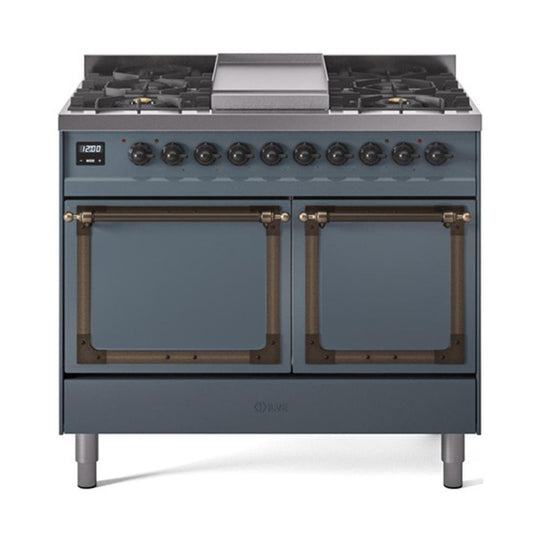 Ilve UND40FQNMPBGB Ilve Und40Fqnmpbgb Nostalgie Ii Noblesse 40" Dual Fuel Range (Natural Gas, Solid Door, Blue Grey, Burnished)