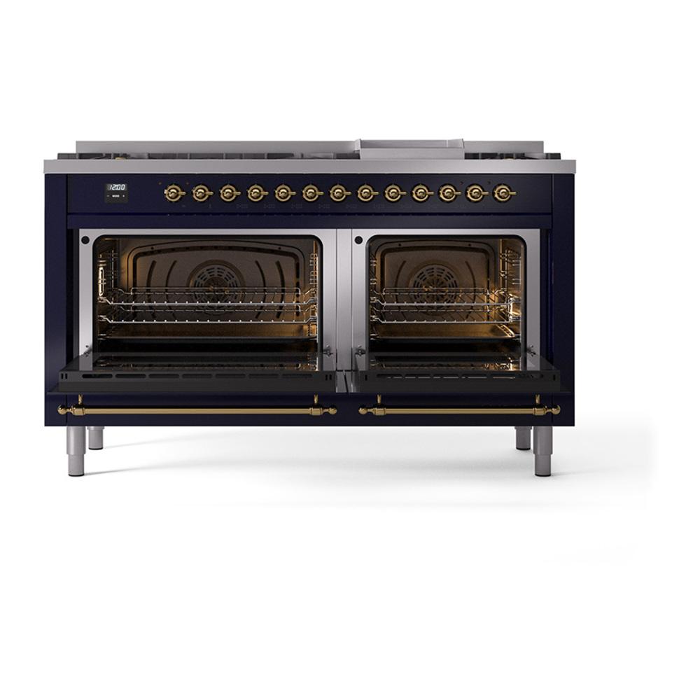 Ilve UN60FQNMPMBG Ilve Un60Fqnmpmbg Nostalgie Ii Noblesse 60" Dual Fuel Range (9 Sealed Burners + Griddle, Natural Gas, Solid Door, Midnight Blue, Brass)